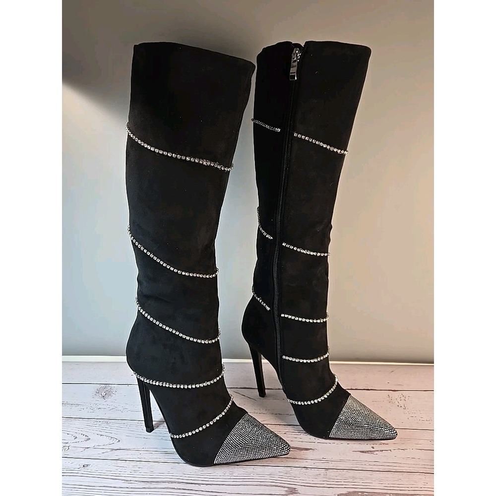 Lauren Lorraine Beyonce‎ Sz 6 Black Rhinestones Stiletto Knee Boots Glamorous